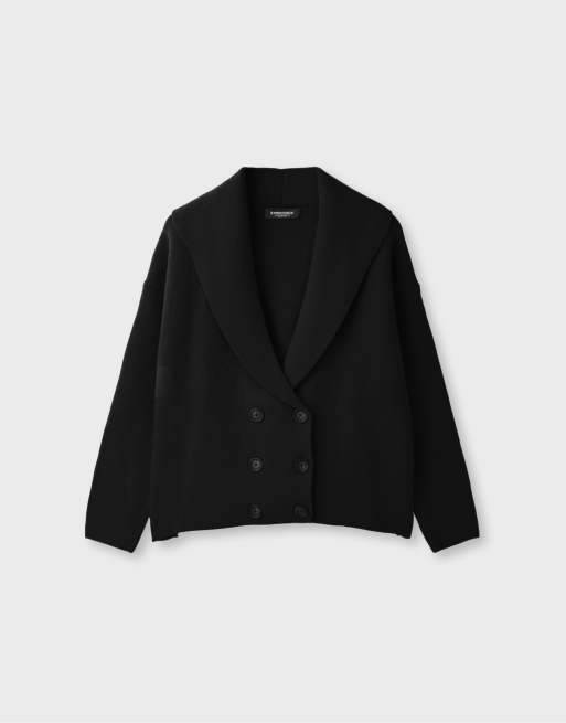 Stradivarius Double-breasted knit cardigan with lapels in black, 6 of 7