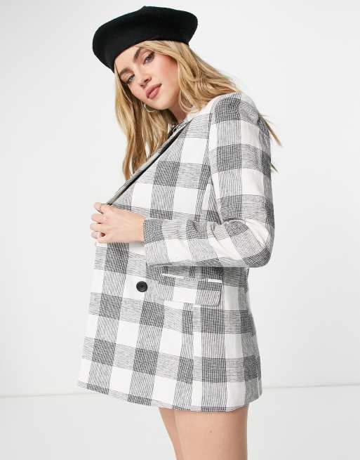 Stradivarius double breasted linen blazer in gray plaid
