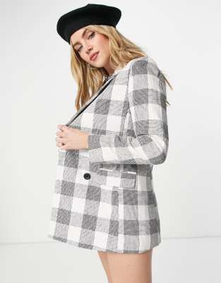 Stradivarius Stradivarius double breasted linen mix blazer in check print-Grey