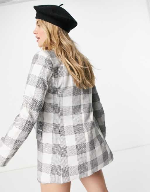 Stradivarius double breasted linen mix blazer in check print, 2 of 4