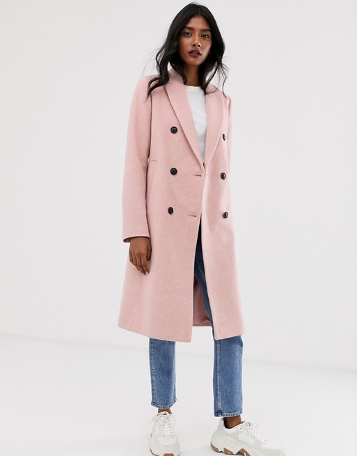 Stradivarius double breasted long coat in pink