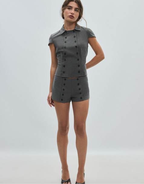 Stradivarius Double-breasted short sleeve shirt in dark grey - view 1