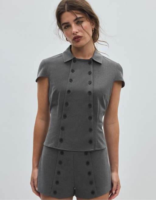 Stradivarius Double-breasted short sleeve shirt in dark grey, 5 of 7