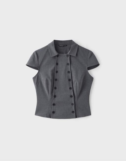 Stradivarius Double-breasted short sleeve shirt in dark grey, 6 of 7