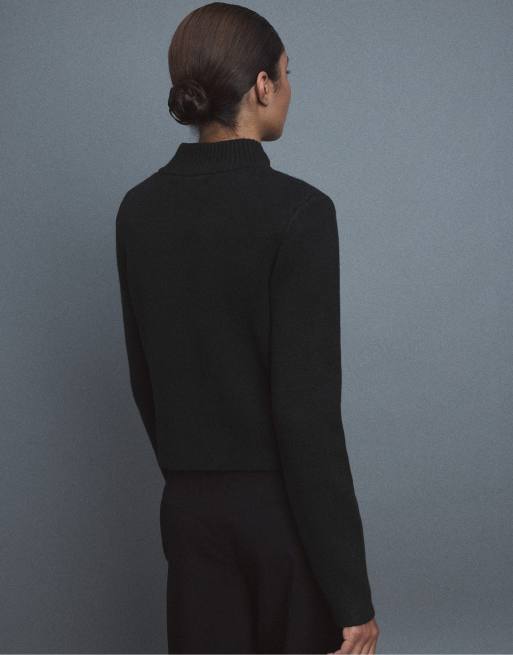 Stradivarius Double-breasted stand collar knit cardigan in black, 2 of 6