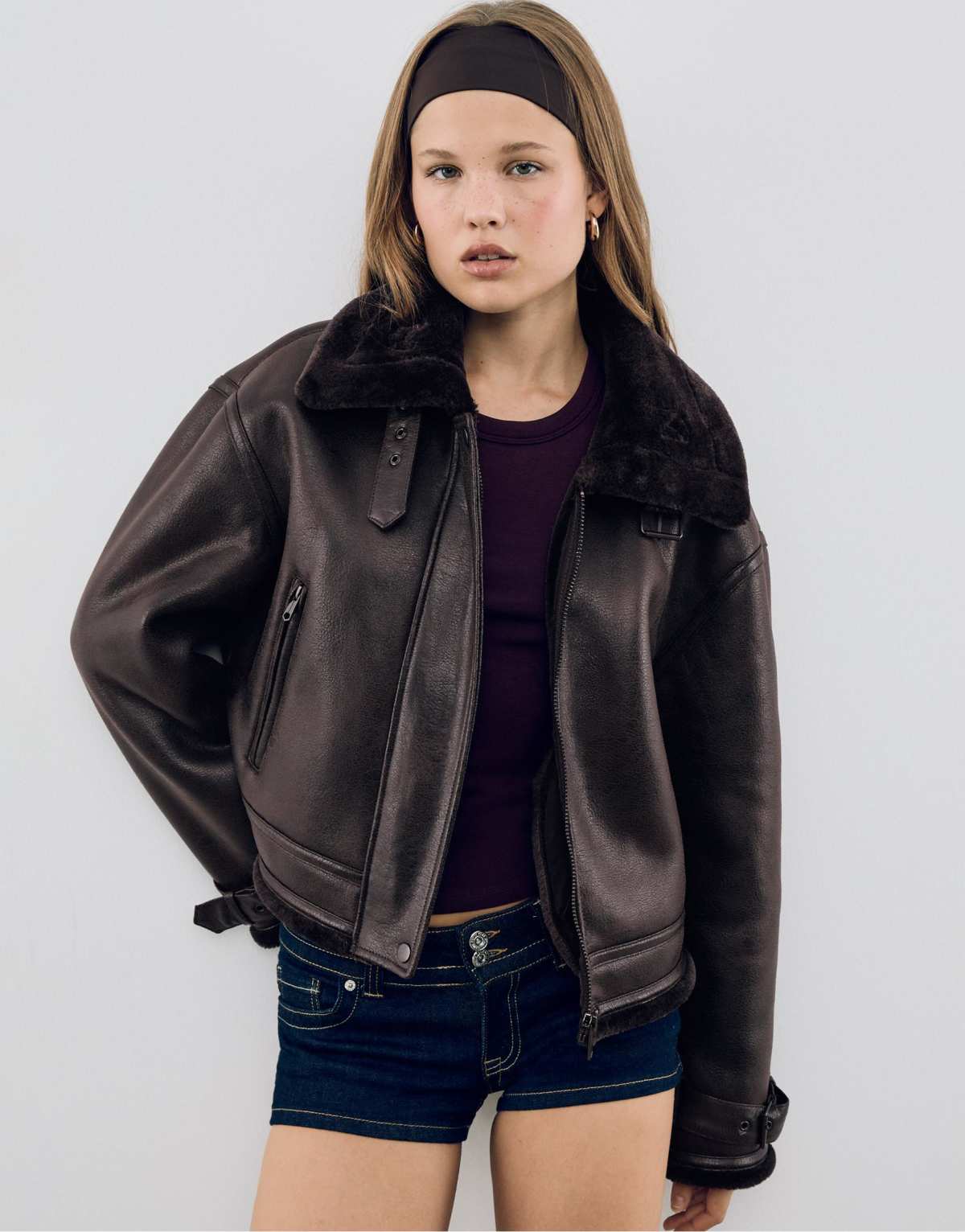 Stradivarius Double-faced faux leather jacket in brown