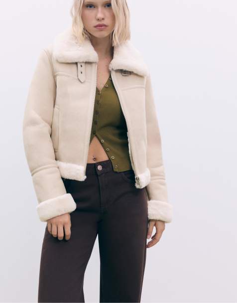 Stradivarius Double-faced faux suede jacket in ecru - view 1