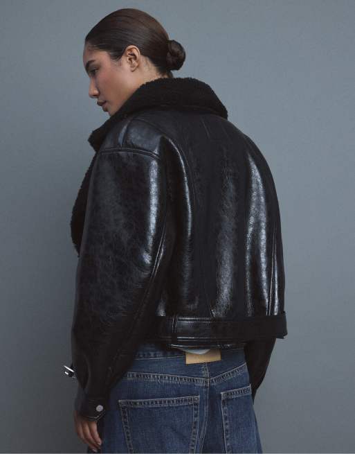 Stradivarius Double-faced high neck biker jacket in black, 3 of 7