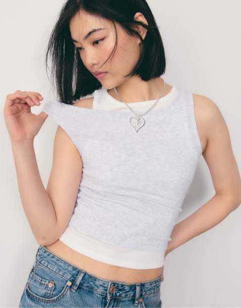 Stradivarius Double layer t-shirt in grey melange