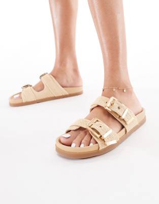 Stradivarius Double Strap And Buckle Flat Sandals In White