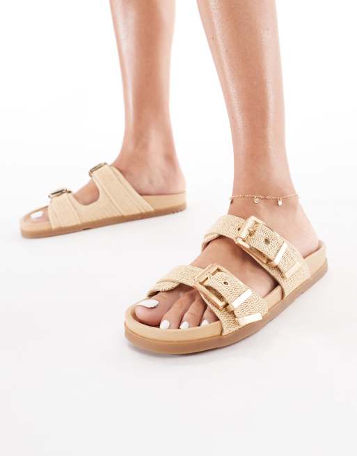 Stradivarius double strap and buckle flat sandals in beige
