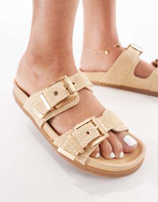 Stradivarius Double Strap And Buckle Flat Sandals In White