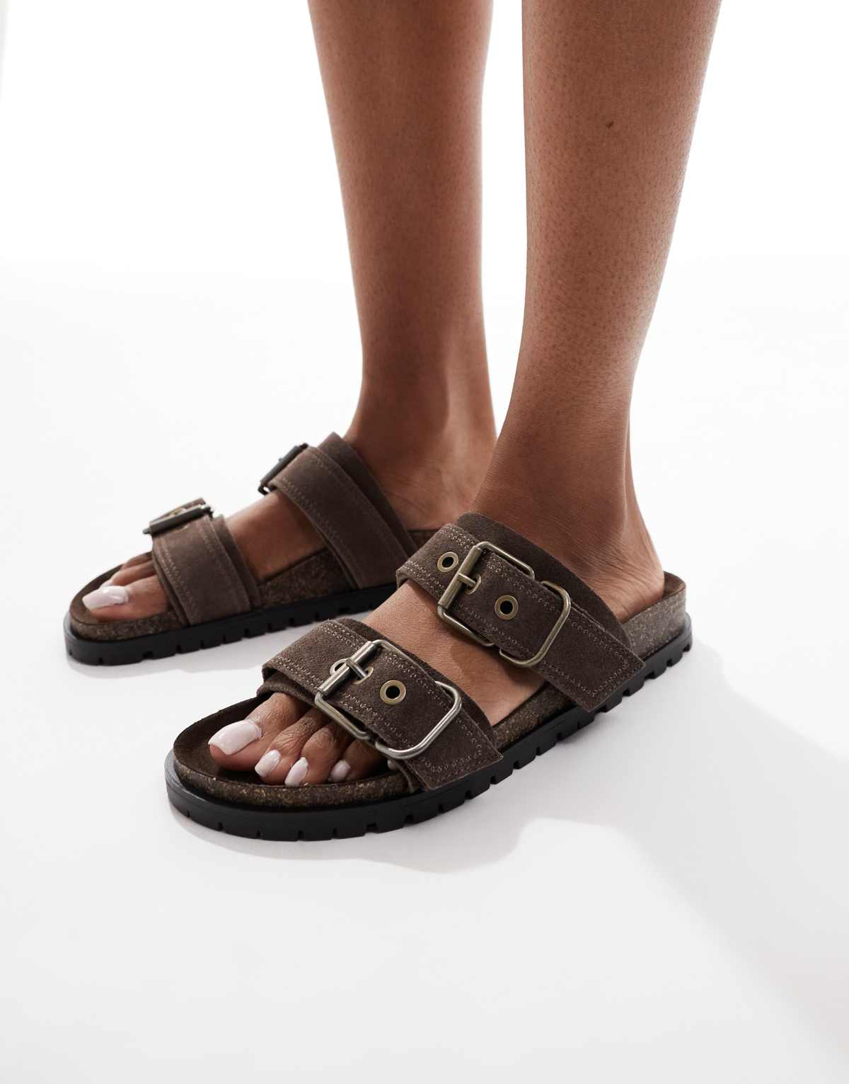 Stradivarius double strap flat leather sandal in dark brown