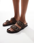 [Stradivarius] Stradivarius double strap flat leather sandals in dark brown 38 BROWN