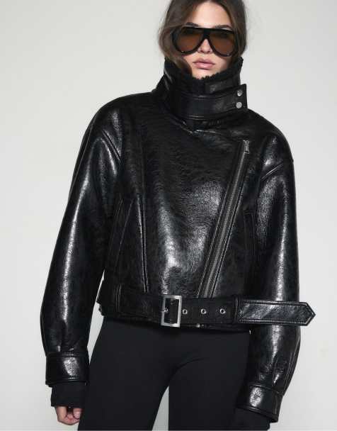 Stradivarius Doubleface-Bikerjacke mit hohem Kragen in Schwarz - view 1