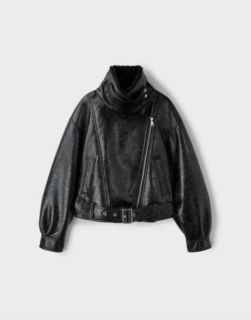 Stradivarius Doubleface-Bikerjacke mit hohem Kragen in Schwarz, 6 von 7