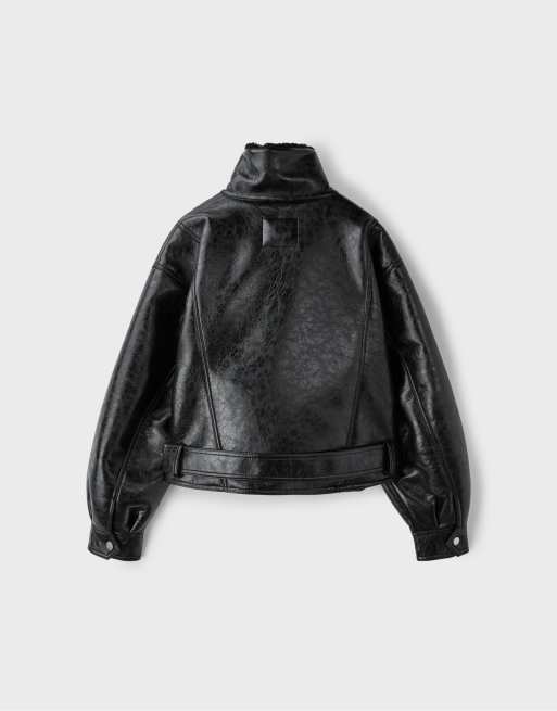 Stradivarius Doubleface-Bikerjacke mit hohem Kragen in Schwarz, 7 von 7