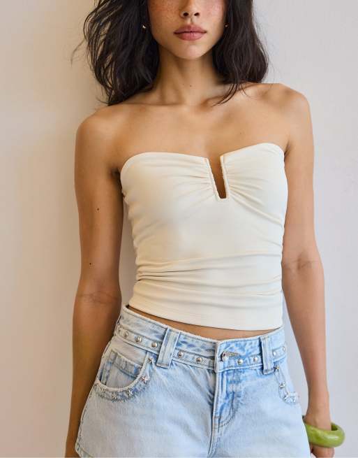 Stradivarius Draped cropped top in ecru, 2 of 4