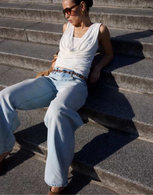 Stradivarius Draped double-layer t-shirt in vanilla, 4 of 4