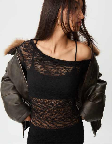 Stradivarius Draped lace top in black