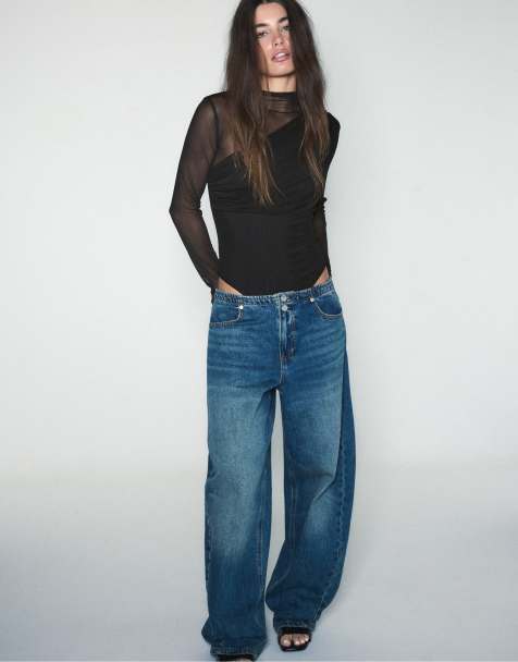 Stradivarius Draped mesh long sleeve bodysuit in black - view 1