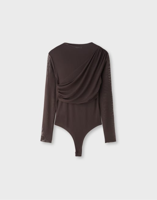 Stradivarius Draped mesh long sleeve bodysuit in brown, 6 of 7