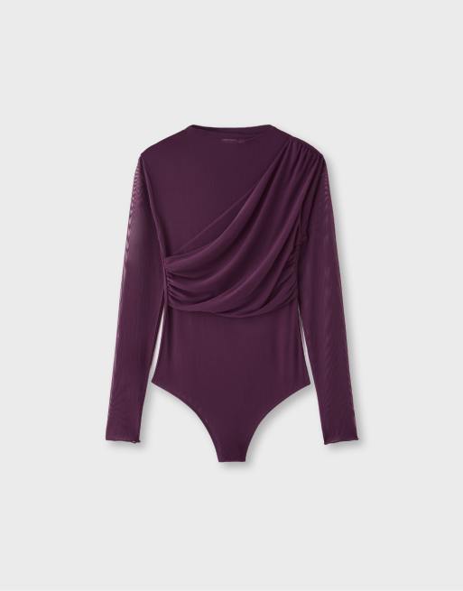 Stradivarius Draped mesh long sleeve bodysuit in purple, 6 of 7