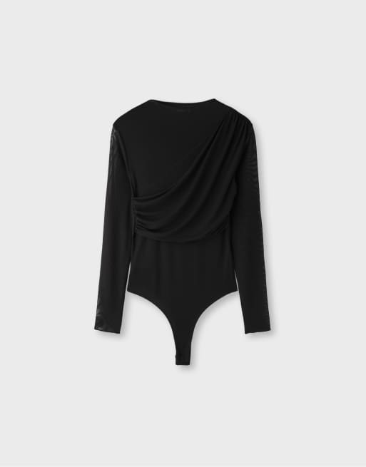 Stradivarius draperad mesh-bodysuit med långa ärmar i svart, 6 av 7