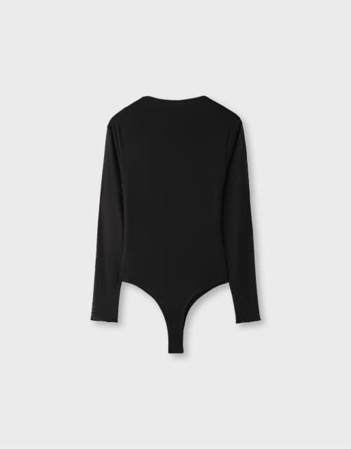 Stradivarius draperad mesh-bodysuit med långa ärmar i svart, 7 av 7
