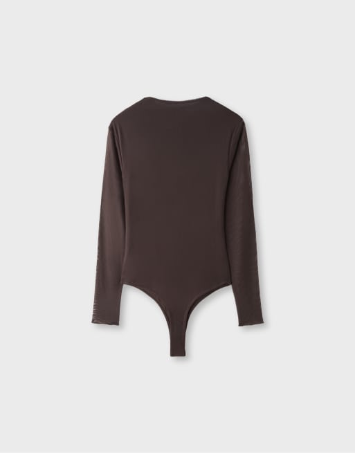 Stradivarius draperet mesh langærmet bodystocking i brun, 7 af 7