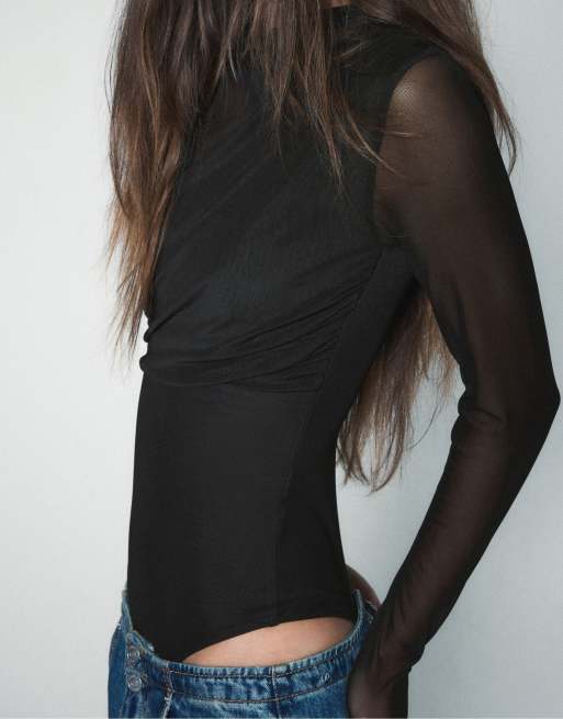 Stradivarius drapierter Mesh-Body mit langen Ärmeln in Schwarz, 4 von 7