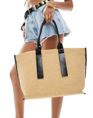 Stradivarius – Duża beżowa torba typu shopper z rafii z kontrastowymi przeszyciami - view 1