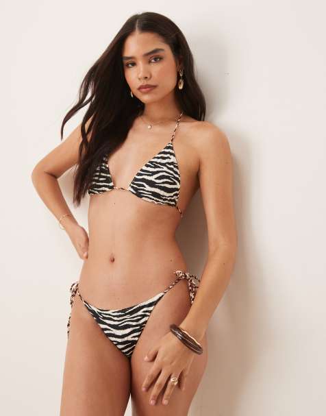 Stradivarius reversible zebra tie side bikini bottom in black and white