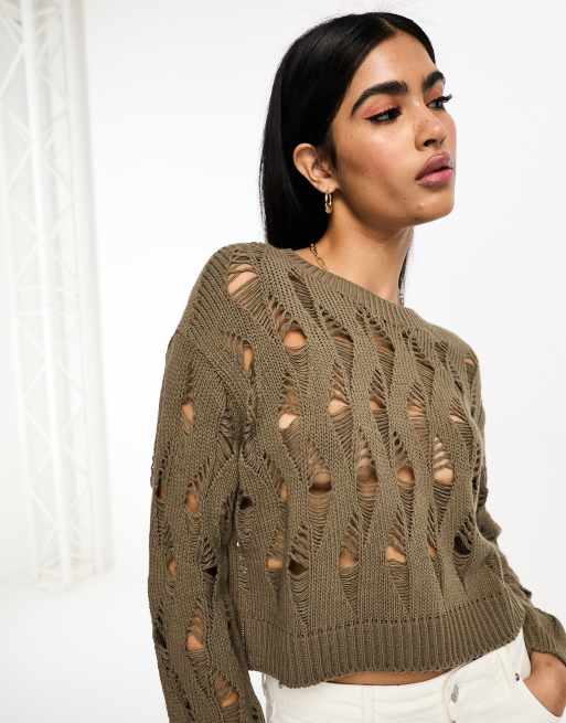 Stradivarius – Dzianinowy sweter z ażurowym wzorem w kolorze brązowoszarym, 3 z 4