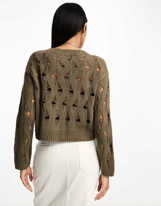 Stradivarius – Dzianinowy sweter z ażurowym wzorem w kolorze brązowoszarym, 4 z 4