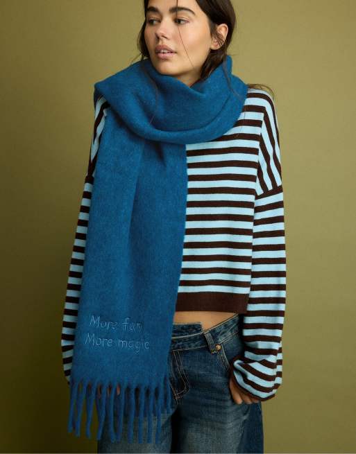 Stradivarius écharpe à slogan bleu sarcelle, 2 de 4