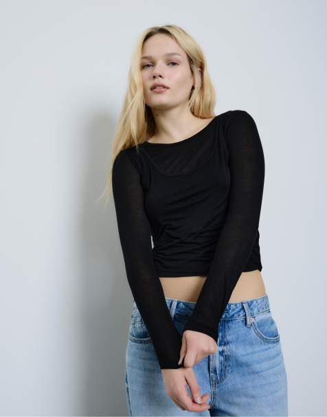 Stradivarius Ecocell double garment t-shirt in black - view 1