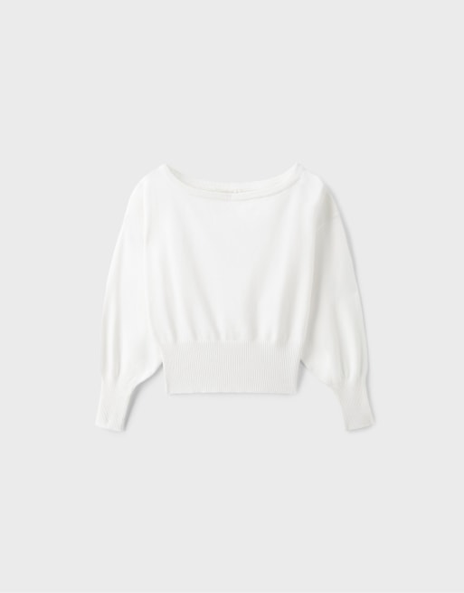 Stradivarius - Ecrufarvet asymmetrisk striktrøje med ribkant forneden, 6 af 7
