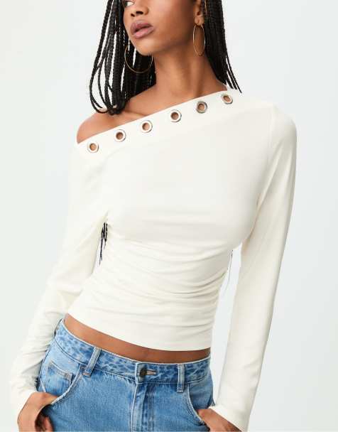 Stradivarius - Ecrufarvet asymmetrisk T-shirt med snøreringe - view 1