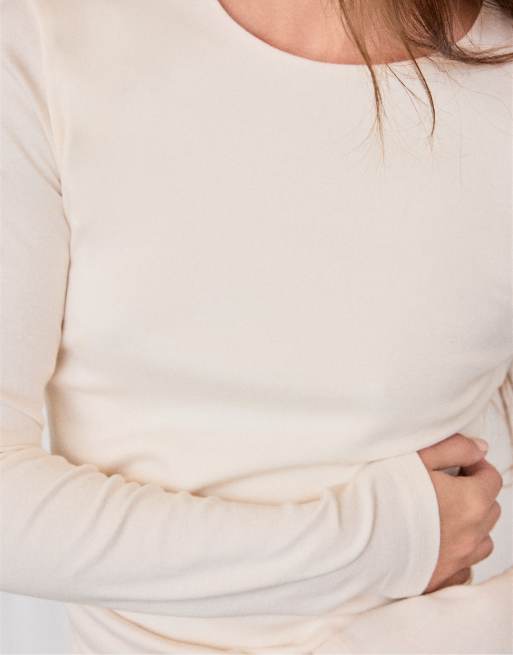 Stradivarius - Ecrufarvet basis-T-shirt med lange ærmer, 5 af 7