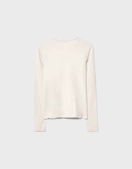 Stradivarius - Ecrufarvet basis-T-shirt med lange ærmer, 7 af 7