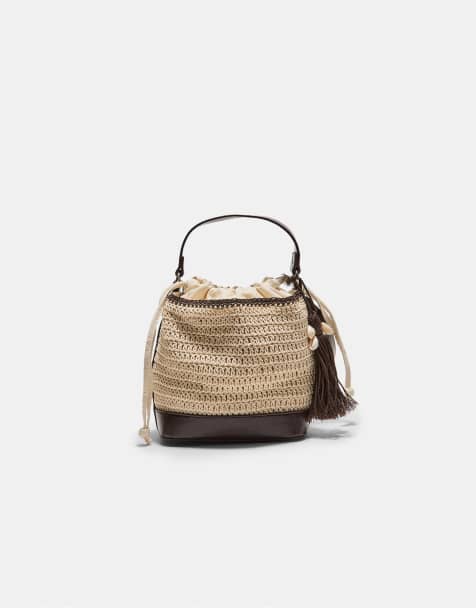 Stradivarius - Ecrufarvet bucket-taske i hæklet materiale og andet - view 1