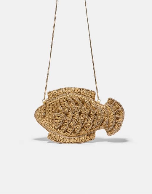 Stradivarius - Ecrufarvet fiskeformet crossbody-taske i raffia, 3 af 4