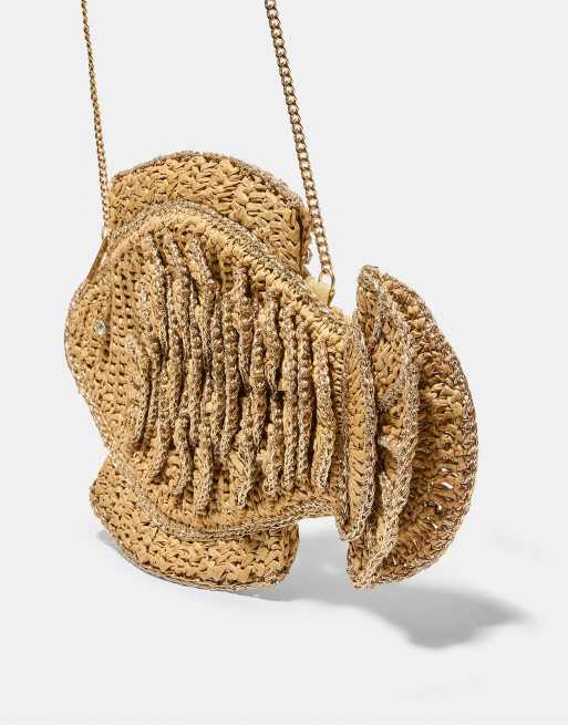 Stradivarius - Ecrufarvet fiskeformet crossbody-taske i raffia, 4 af 4