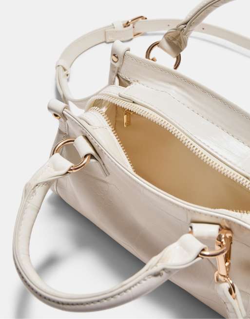 Stradivarius - Ecrufarvet lille tote taske i imiteret krokodilleskind, 2 af 4