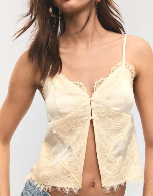Stradivarius - Ecrufarvet overdel i satin og blondestof med tynde stropper, 2 af 4