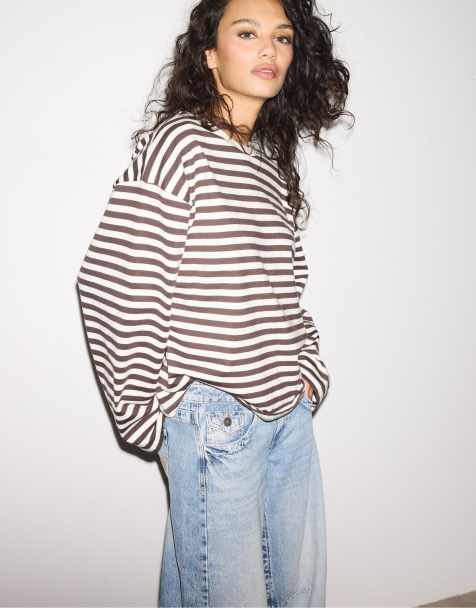 Stradivarius - Ecrufarvet oversized og langærmet T-shirt med striber - view 1