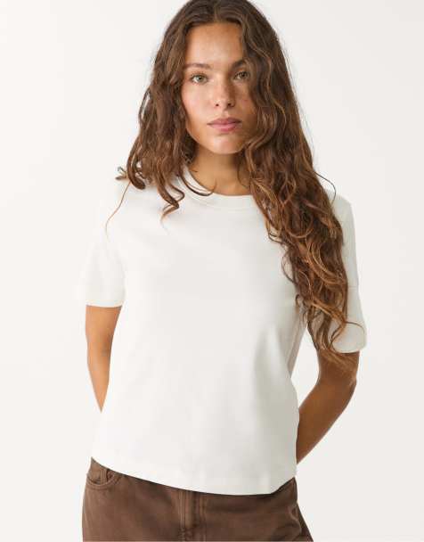 Stradivarius - Ecrufarvet regular fit-T-shirt i kraftigt stof - view 1