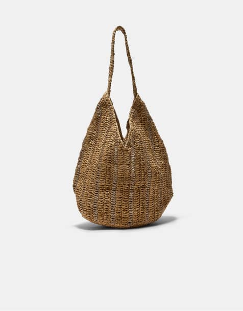 Stradivarius - Ecrufarvet skuldertaske i raffia med metallisk tråd - view 1