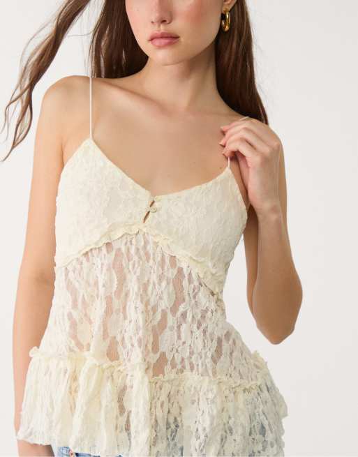 Stradivarius - Ecrufarvet top i blondestof med stropper, 2 af 4